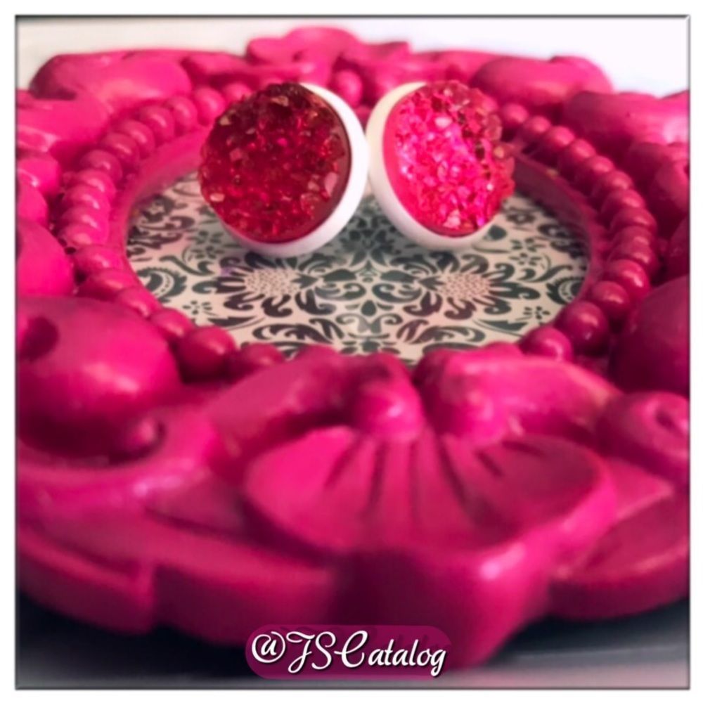 Fuchsia Chunky Druzy On White Posts Round Studs Earrings
